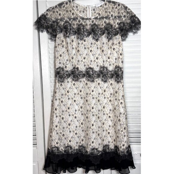 Sandro Paris Black Ivory Lace Floral Overlay Dress M Whimsical Romantic Elegant - Picture 1 of 16
